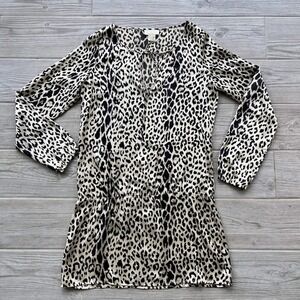 Women Tan Black Leopard Print Silk Long sleeve Short Dress Size Small